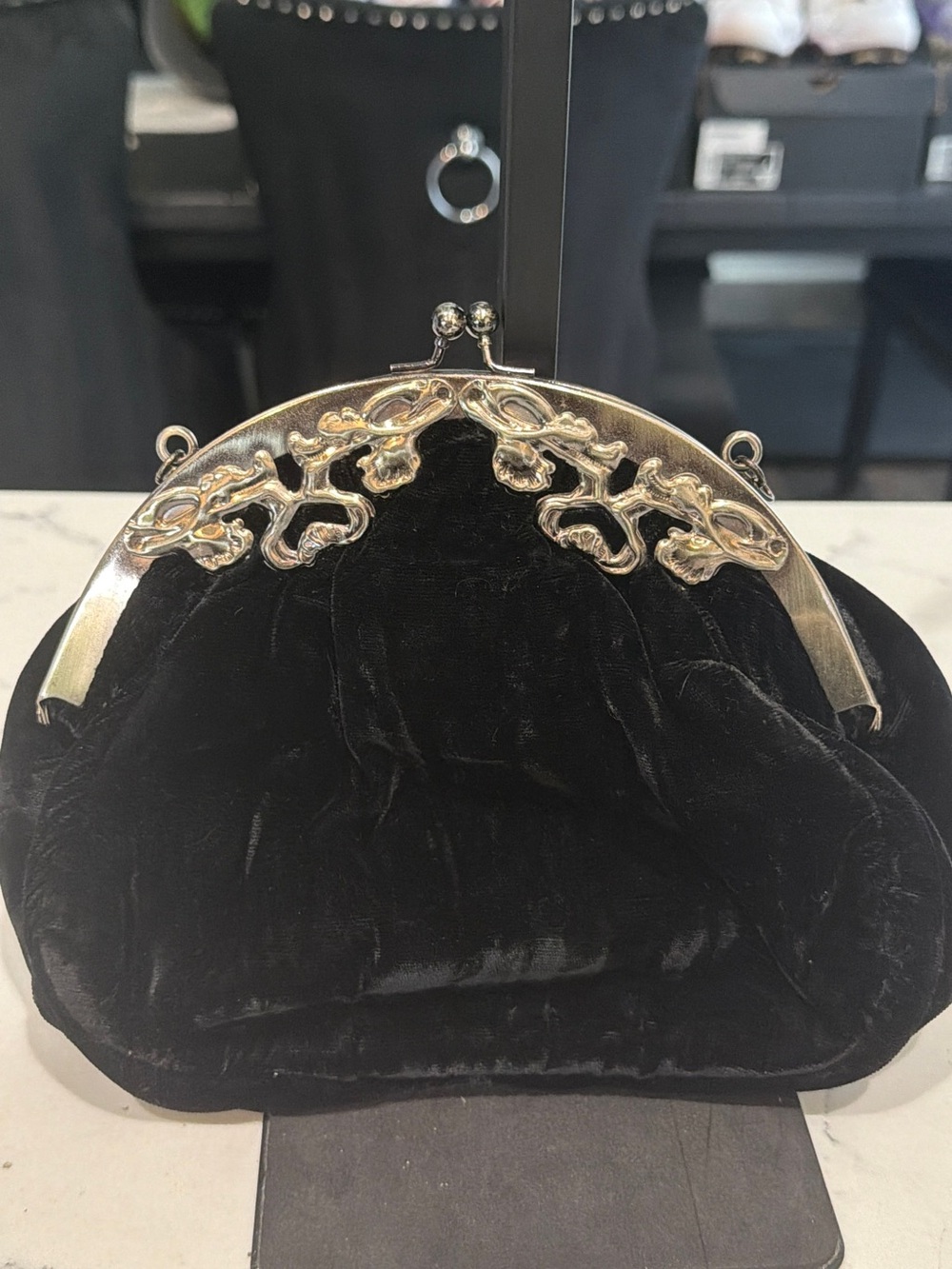 Black Velvet Evening Clutch with Ornate Gold Frame
